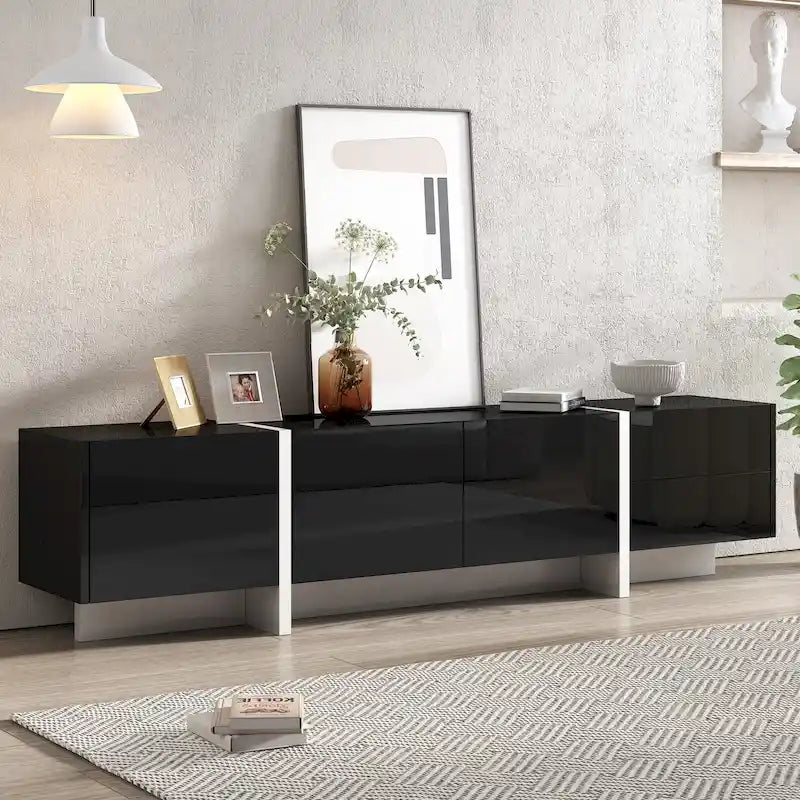 TV Stand - 74.8"W, Gloss Finish, 2 Drawers, 3 Cabinets, For 80" TVs, Particle Board, UV Surface, Black, Modern Design