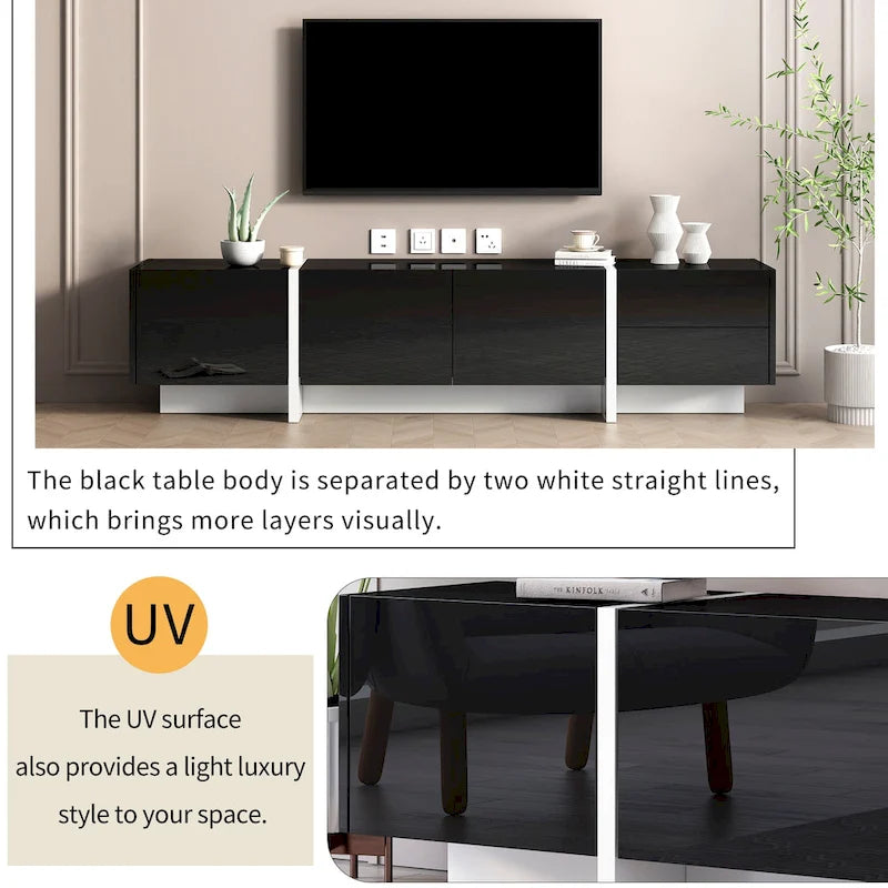 TV Stand - 74.8"W, Gloss Finish, 2 Drawers, 3 Cabinets, For 80" TVs, Particle Board, UV Surface, Black, Modern Design