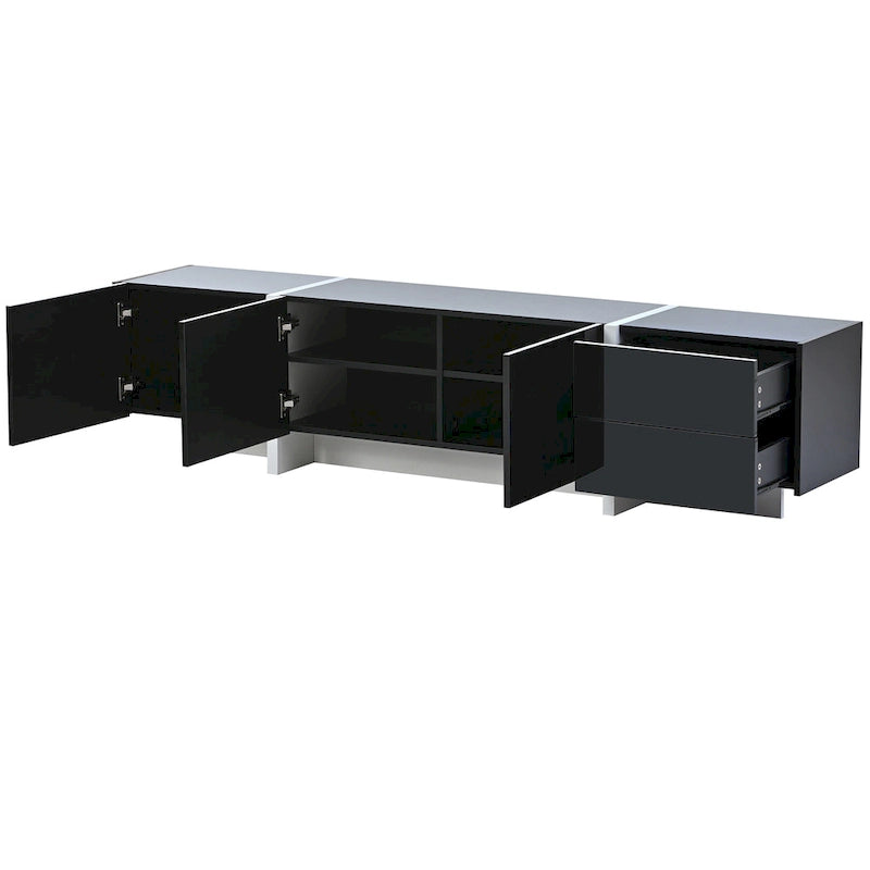 TV Stand - 74.8"W, Gloss Finish, 2 Drawers, 3 Cabinets, For 80" TVs, Particle Board, UV Surface, Black, Modern Design