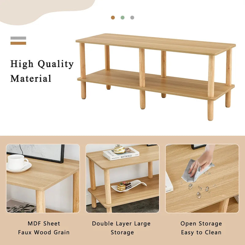 TV Stand - 40.5"L x 15.7"W x 17.7"H, 2 Shelves, Open Storage, MDF/Solid Wood, Rubberwood Legs, Modern Industrial
