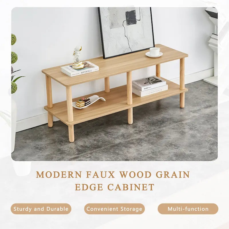 TV Stand - 40.5"L x 15.7"W x 17.7"H, 2 Shelves, Open Storage, MDF/Solid Wood, Rubberwood Legs, Modern Industrial