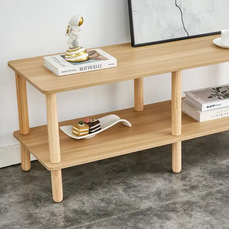 TV Stand - 40.5"L x 15.7"W x 17.7"H, 2 Shelves, Open Storage, MDF/Solid Wood, Rubberwood Legs, Modern Industrial