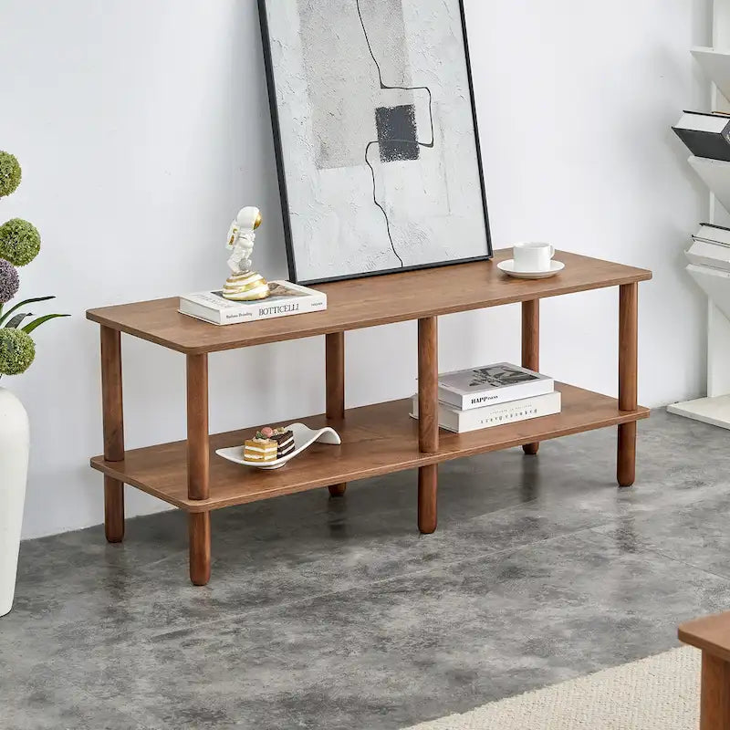 TV Stand - 40.5"L x 15.7"W x 17.7"H, 2 Shelves, Open Storage, MDF/Solid Wood, Rubberwood Legs, Modern Industrial