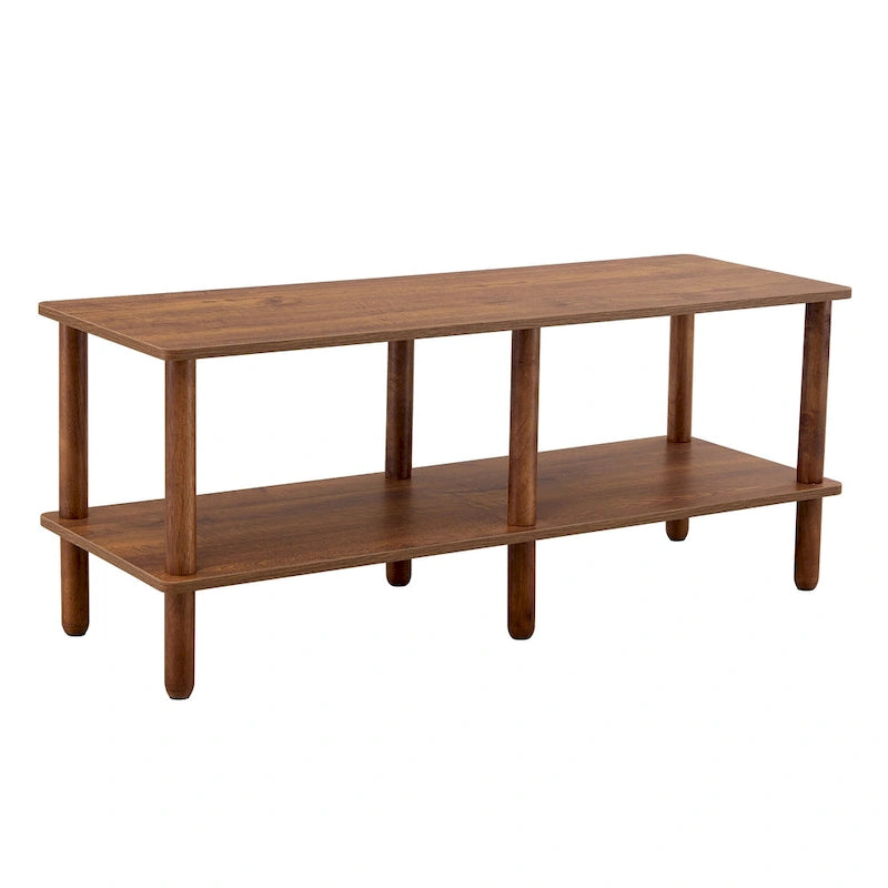 TV Stand - 40.5"L x 15.7"W x 17.7"H, 2 Shelves, Open Storage, MDF/Solid Wood, Rubberwood Legs, Modern Industrial