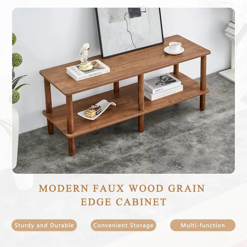 TV Stand - 40.5"L x 15.7"W x 17.7"H, 2 Shelves, Open Storage, MDF/Solid Wood, Rubberwood Legs, Modern Industrial