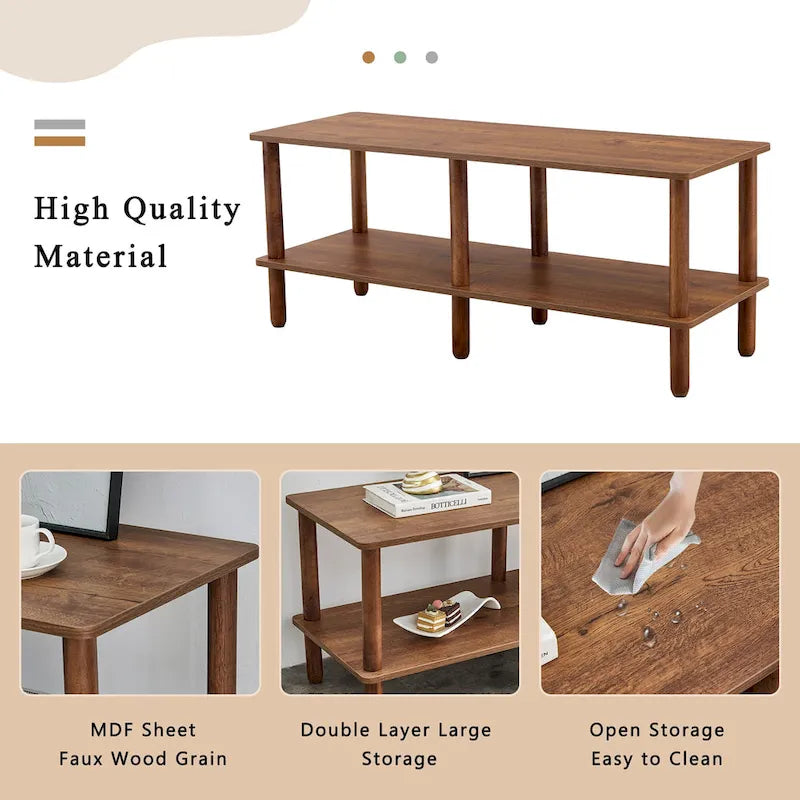 TV Stand - 40.5"L x 15.7"W x 17.7"H, 2 Shelves, Open Storage, MDF/Solid Wood, Rubberwood Legs, Modern Industrial