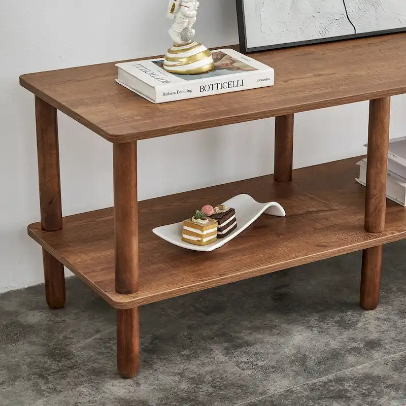 TV Stand - 40.5"L x 15.7"W x 17.7"H, 2 Shelves, Open Storage, MDF/Solid Wood, Rubberwood Legs, Modern Industrial