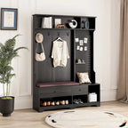 Entryway Hall Tree - 57.5"L x 77.2"H, Cushioned Bench, 4 Hooks, 2 Drawers, Pegboard, MDF/Iron, 220 lbs, 3 Colors