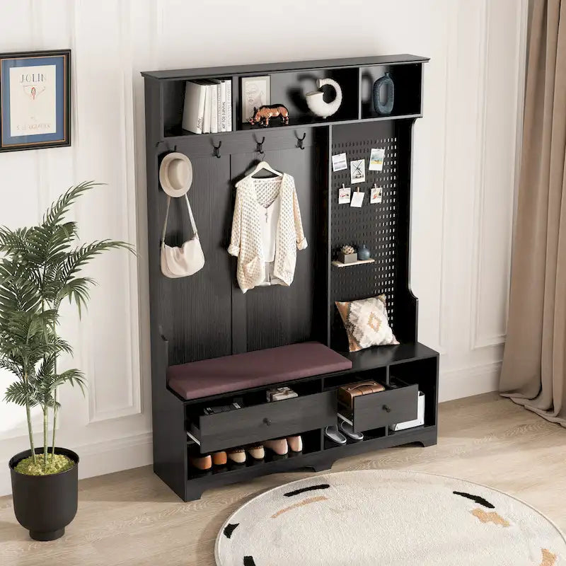 Entryway Hall Tree - 57.5"L x 77.2"H, Cushioned Bench, 4 Hooks, 2 Drawers, Pegboard, MDF/Iron, 220 lbs, 3 Colors