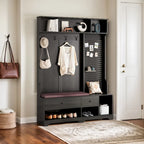Entryway Hall Tree - 57.5"L x 77.2"H, Cushioned Bench, 4 Hooks, 2 Drawers, Pegboard, MDF/Iron, 220 lbs, 3 Colors