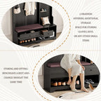 Entryway Hall Tree - 57.5"L x 77.2"H, Cushioned Bench, 4 Hooks, 2 Drawers, Pegboard, MDF/Iron, 220 lbs, 3 Colors