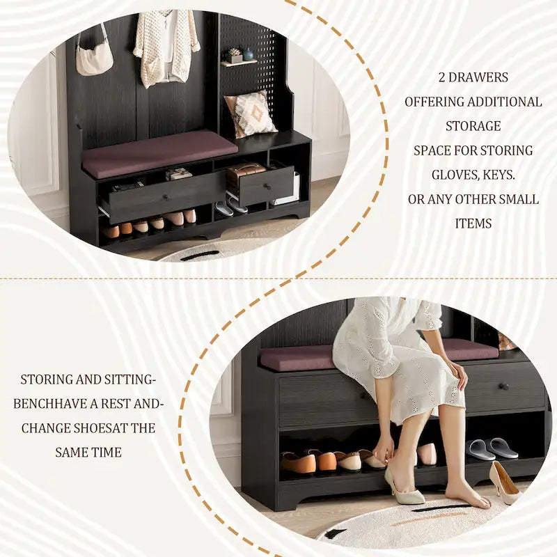 Entryway Hall Tree - 57.5"L x 77.2"H, Cushioned Bench, 4 Hooks, 2 Drawers, Pegboard, MDF/Iron, 220 lbs, 3 Colors