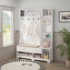 Entryway Hall Tree - 57.5"L x 77.2"H, Cushioned Bench, 4 Hooks, 2 Drawers, Pegboard, MDF/Iron, 220 lbs, 3 Colors