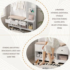 Entryway Hall Tree - 57.5"L x 77.2"H, Cushioned Bench, 4 Hooks, 2 Drawers, Pegboard, MDF/Iron, 220 lbs, 3 Colors