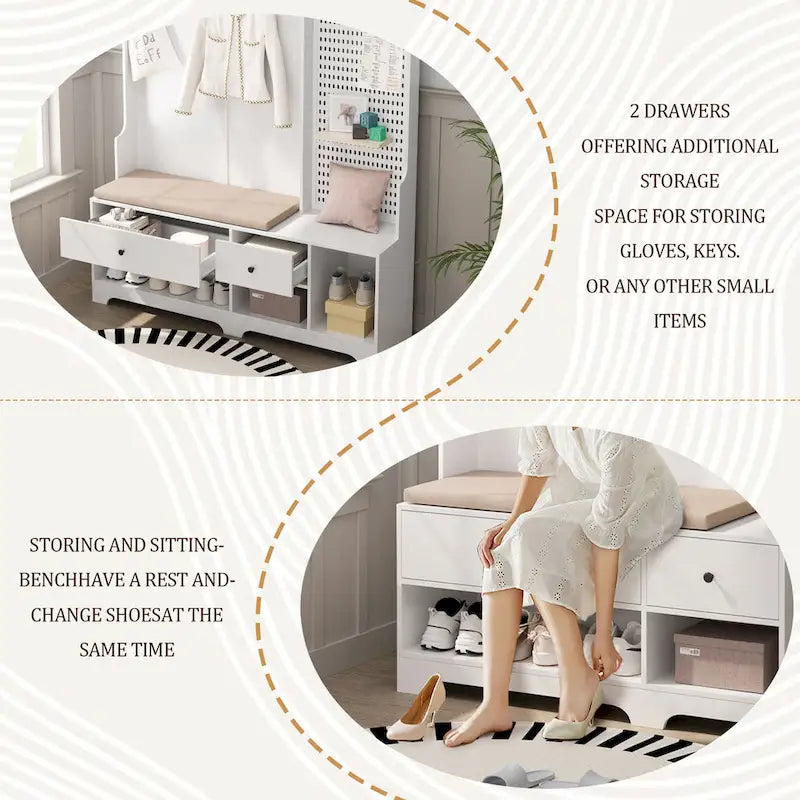 Entryway Hall Tree - 57.5"L x 77.2"H, Cushioned Bench, 4 Hooks, 2 Drawers, Pegboard, MDF/Iron, 220 lbs, 3 Colors