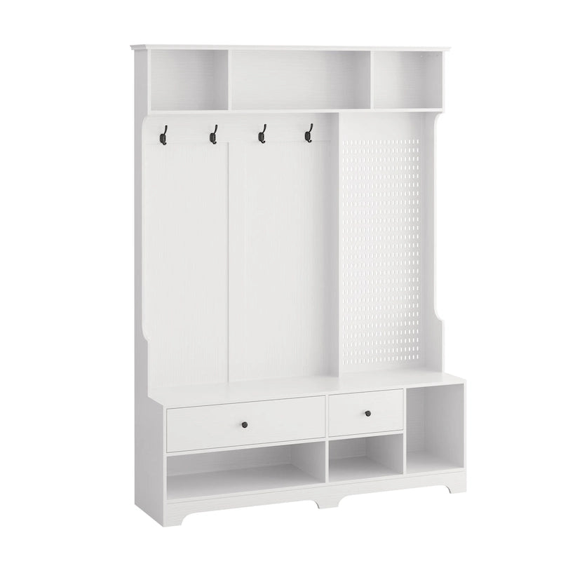 Entryway Hall Tree - 57.5"L x 77.2"H, Cushioned Bench, 4 Hooks, 2 Drawers, Pegboard, MDF/Iron, 220 lbs, 3 Colors