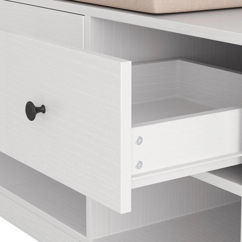 Entryway Hall Tree - 57.5"L x 77.2"H, Cushioned Bench, 4 Hooks, 2 Drawers, Pegboard, MDF/Iron, 220 lbs, 3 Colors