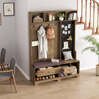 Entryway Hall Tree - 57.5"L x 77.2"H, Cushioned Bench, 4 Hooks, 2 Drawers, Pegboard, MDF/Iron, 220 lbs, 3 Colors
