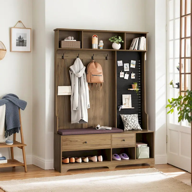 Entryway Hall Tree - 57.5"L x 77.2"H, Cushioned Bench, 4 Hooks, 2 Drawers, Pegboard, MDF/Iron, 220 lbs, 3 Colors