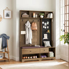 Entryway Hall Tree - 57.5"L x 77.2"H, Cushioned Bench, 4 Hooks, 2 Drawers, Pegboard, MDF/Iron, 220 lbs, 3 Colors
