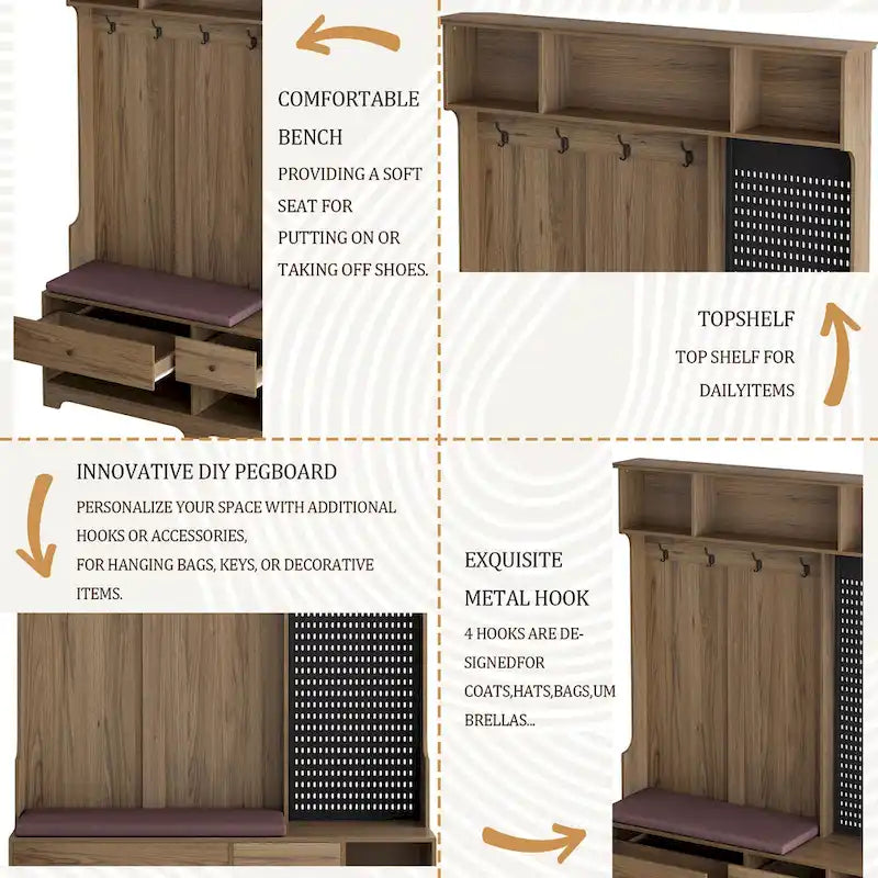 Entryway Hall Tree - 57.5"L x 77.2"H, Cushioned Bench, 4 Hooks, 2 Drawers, Pegboard, MDF/Iron, 220 lbs, 3 Colors