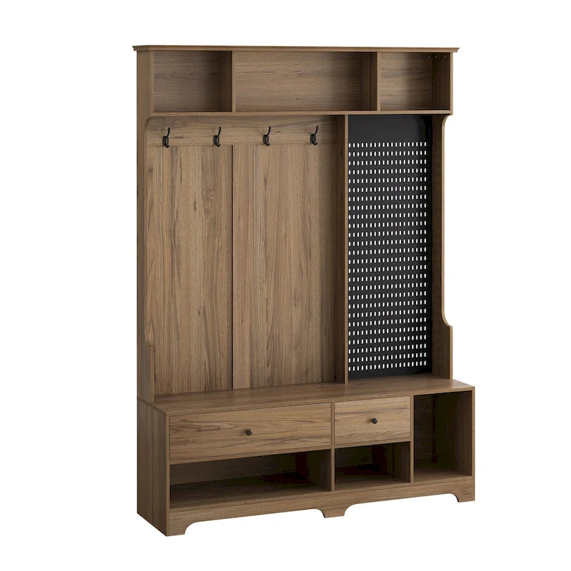 Entryway Hall Tree - 57.5"L x 77.2"H, Cushioned Bench, 4 Hooks, 2 Drawers, Pegboard, MDF/Iron, 220 lbs, 3 Colors