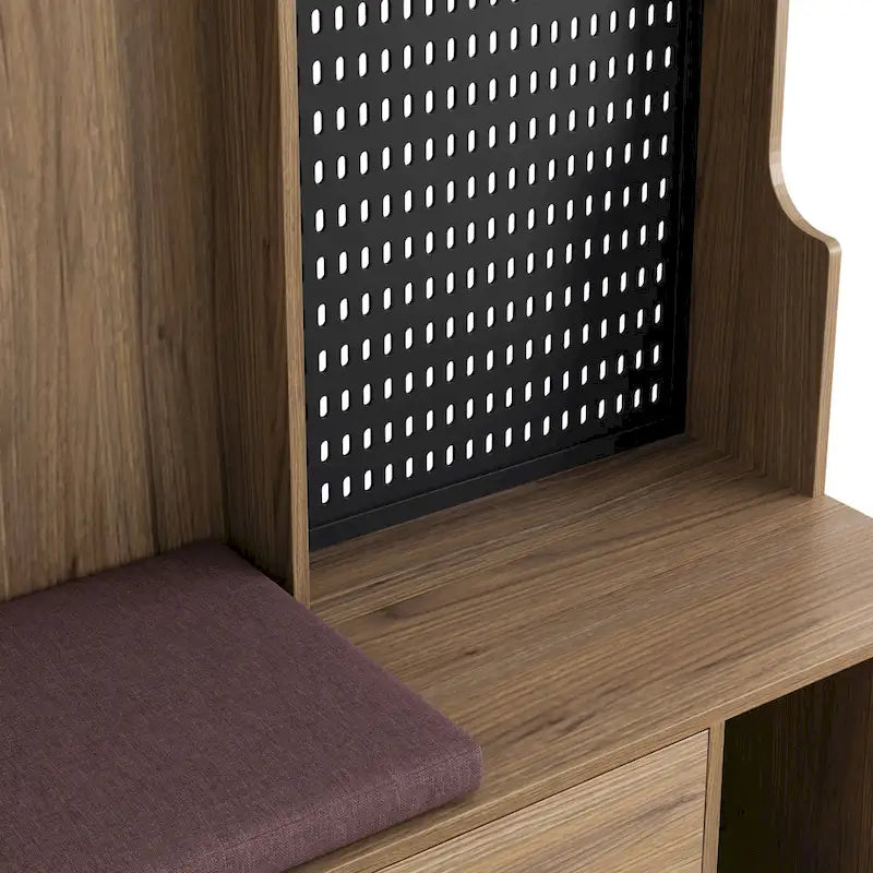 Entryway Hall Tree - 57.5"L x 77.2"H, Cushioned Bench, 4 Hooks, 2 Drawers, Pegboard, MDF/Iron, 220 lbs, 3 Colors