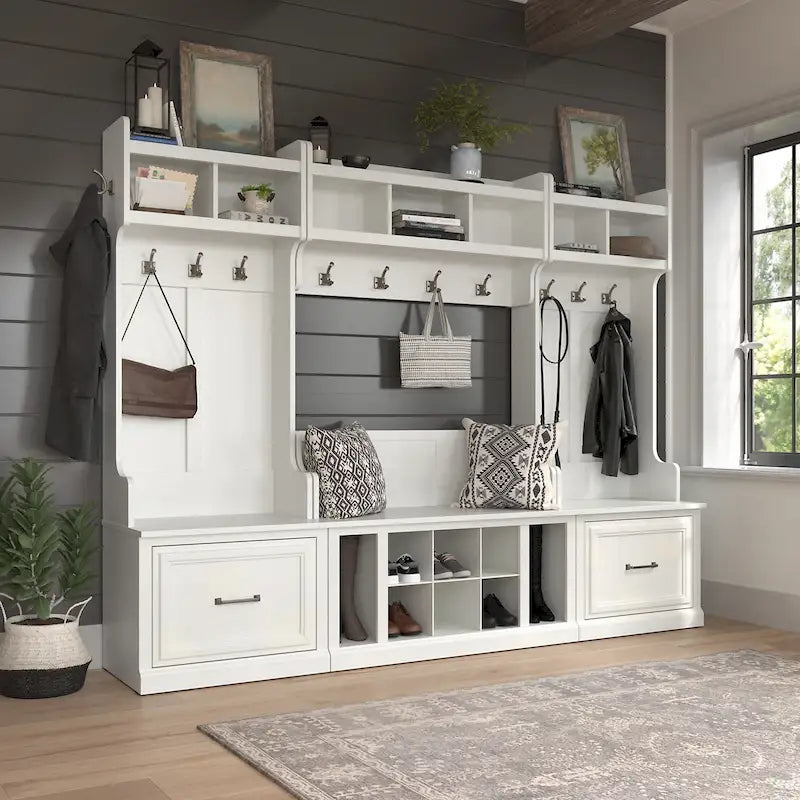 Entryway Storage with Coat Rack - Shoe Bench, 12 Hooks, Drawers, Shelves, 250 lbs Capacity, Transitional Style, 5 Colors