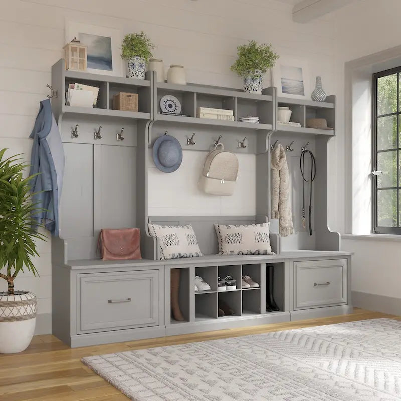 Entryway Storage with Coat Rack - Shoe Bench, 12 Hooks, Drawers, Shelves, 250 lbs Capacity, Transitional Style, 5 Colors