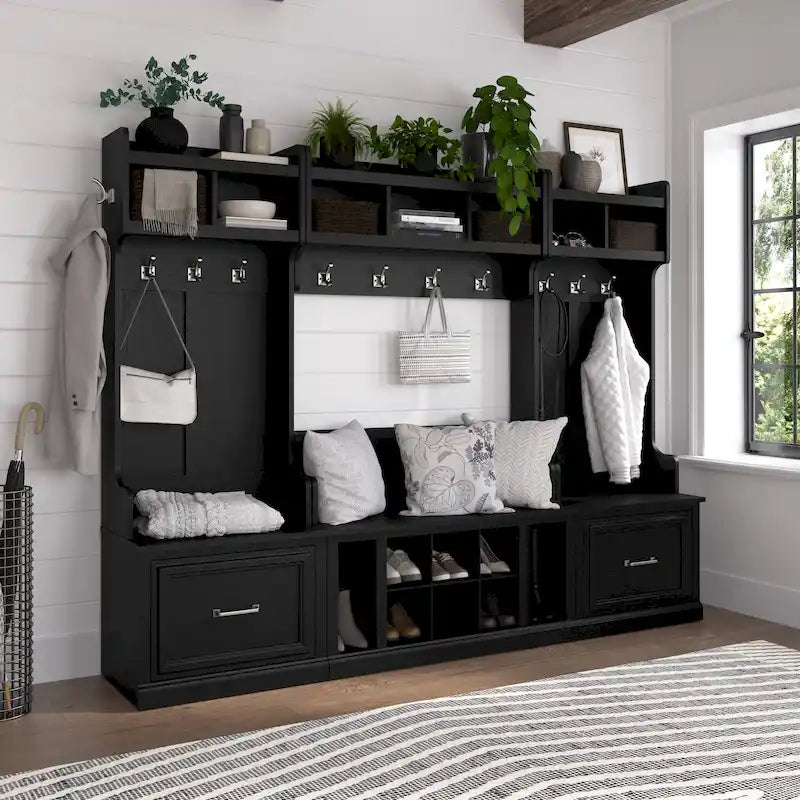Entryway Storage with Coat Rack - Shoe Bench, 12 Hooks, Drawers, Shelves, 250 lbs Capacity, Transitional Style, 5 Colors