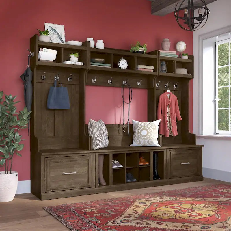 Entryway Storage with Coat Rack - Shoe Bench, 12 Hooks, Drawers, Shelves, 250 lbs Capacity, Transitional Style, 5 Colors