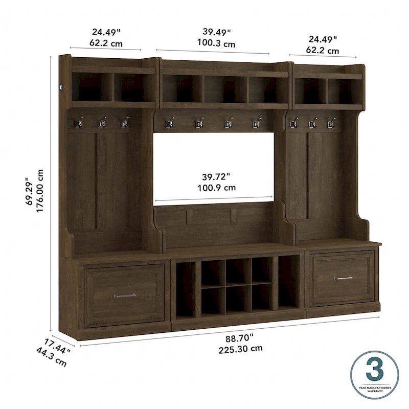 Entryway Storage with Coat Rack - Shoe Bench, 12 Hooks, Drawers, Shelves, 250 lbs Capacity, Transitional Style, 5 Colors