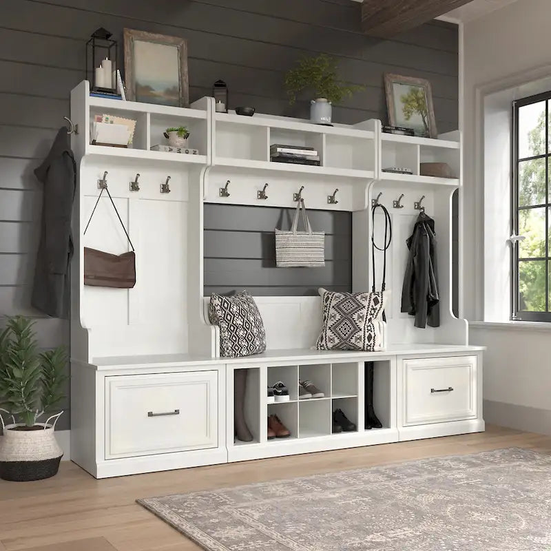 Entryway Storage with Coat Rack - Shoe Bench, 12 Hooks, Drawers, Shelves, 250 lbs Capacity, Transitional Style, 5 Colors