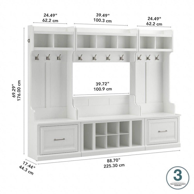 Entryway Storage with Coat Rack - Shoe Bench, 12 Hooks, Drawers, Shelves, 250 lbs Capacity, Transitional Style, 5 Colors