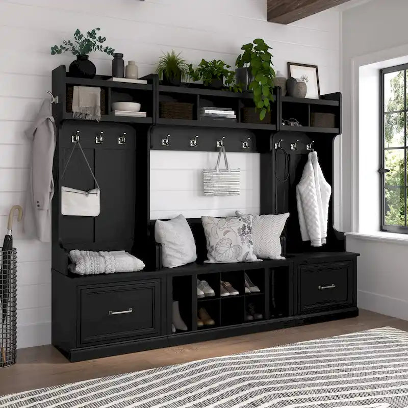 Entryway Storage with Coat Rack - Shoe Bench, 12 Hooks, Drawers, Shelves, 250 lbs Capacity, Transitional Style, 5 Colors