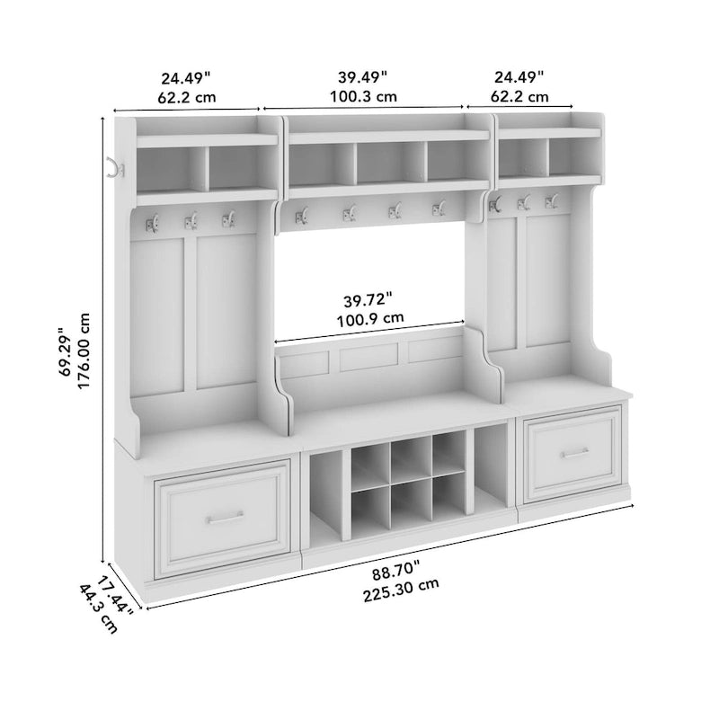 Entryway Storage with Coat Rack - Shoe Bench, 12 Hooks, Drawers, Shelves, 250 lbs Capacity, Transitional Style, 5 Colors