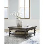 Square Coffee Table - 42"W x 42"D x 18.63"H, Dark Brown, Walnut Finish, Oak Veneer, Lower Shelf, Baluster Legs, Traditional
