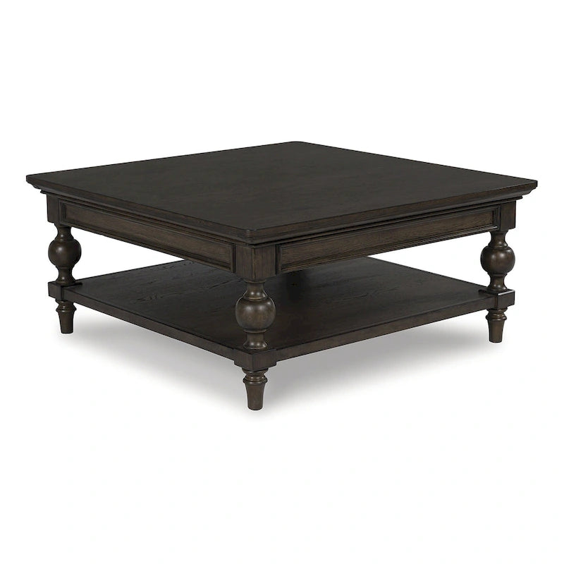 Square Coffee Table - 42"W x 42"D x 18.63"H, Dark Brown, Walnut Finish, Oak Veneer, Lower Shelf, Baluster Legs, Traditional