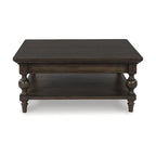 Square Coffee Table - 42"W x 42"D x 18.63"H, Dark Brown, Walnut Finish, Oak Veneer, Lower Shelf, Baluster Legs, Traditional