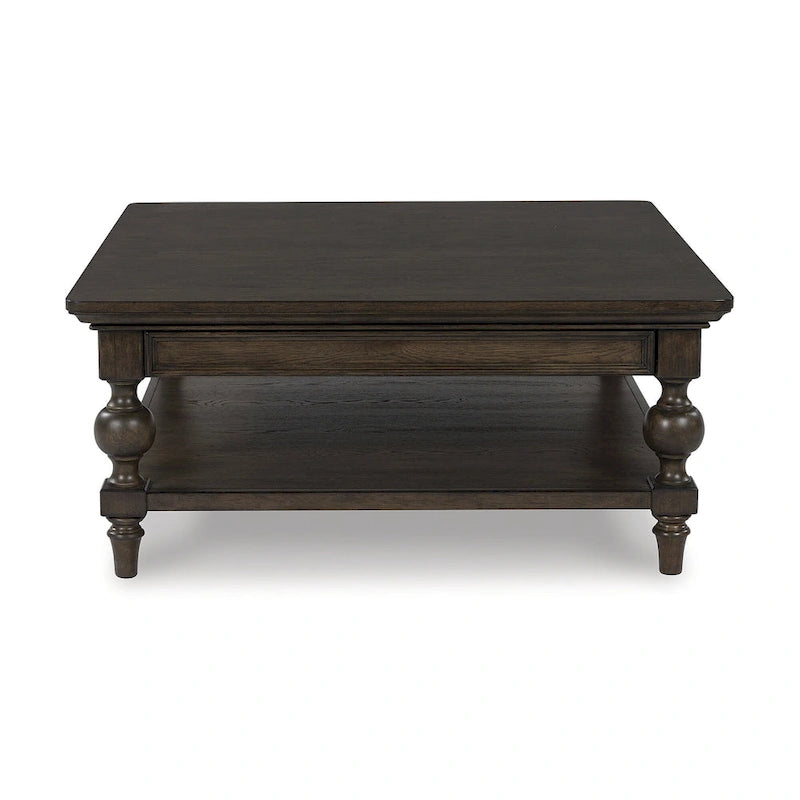 Square Coffee Table - 42"W x 42"D x 18.63"H, Dark Brown, Walnut Finish, Oak Veneer, Lower Shelf, Baluster Legs, Traditional