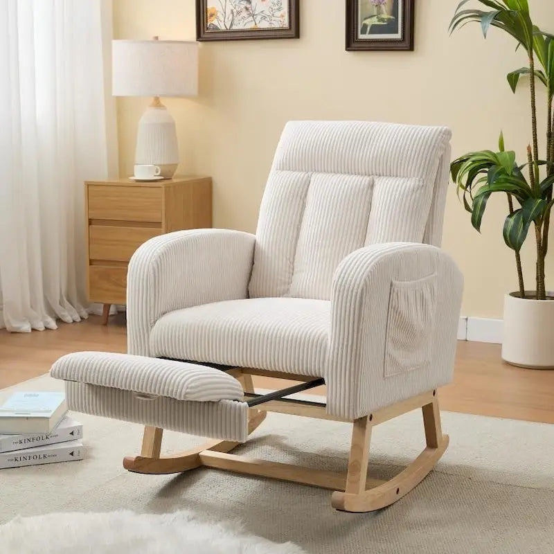 Upholstered Rocking Chair - Solid Wood Legs, High-Density Foam, Side Pocket, 300 lbs Capacity, Nursery Glider