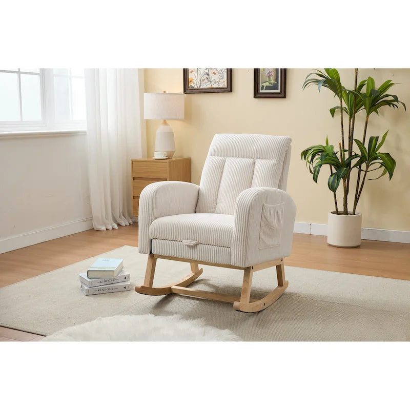 Upholstered Rocking Chair - Solid Wood Legs, High-Density Foam, Side Pocket, 300 lbs Capacity, Nursery Glider