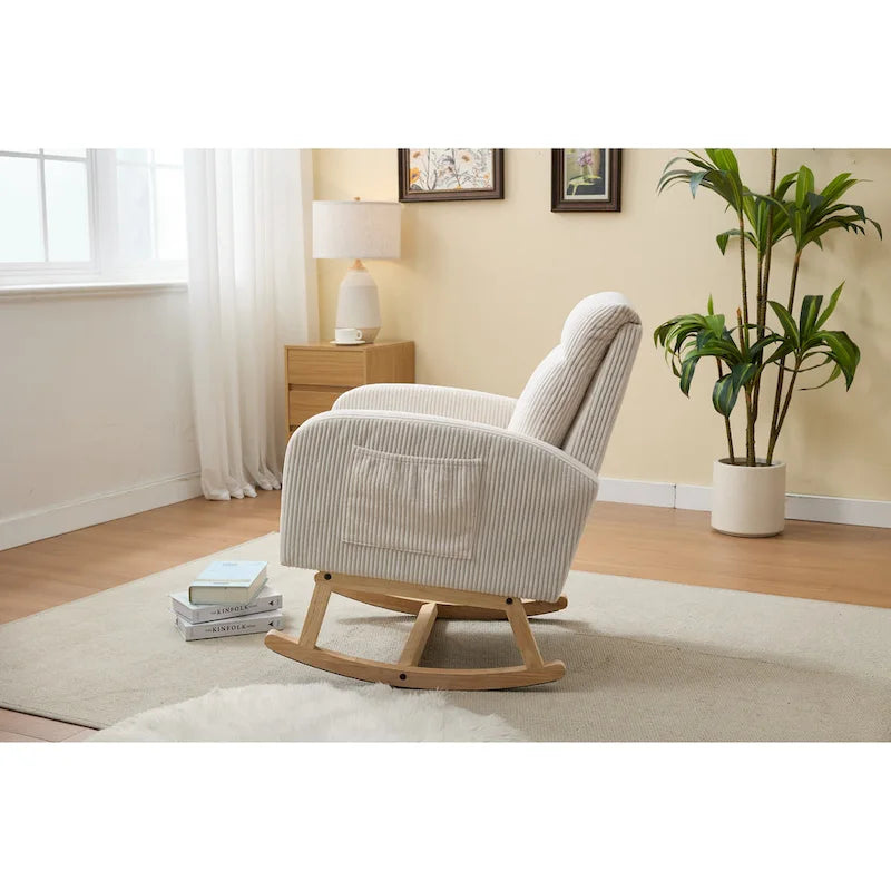 Upholstered Rocking Chair - Solid Wood Legs, High-Density Foam, Side Pocket, 300 lbs Capacity, Nursery Glider