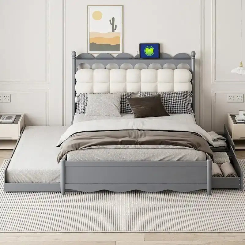 Platform Bed with Storage - Twin XL, 2 Drawers, Trundle, Pine Wood/MDF, USB Ports, 3 Colors, Contemporary