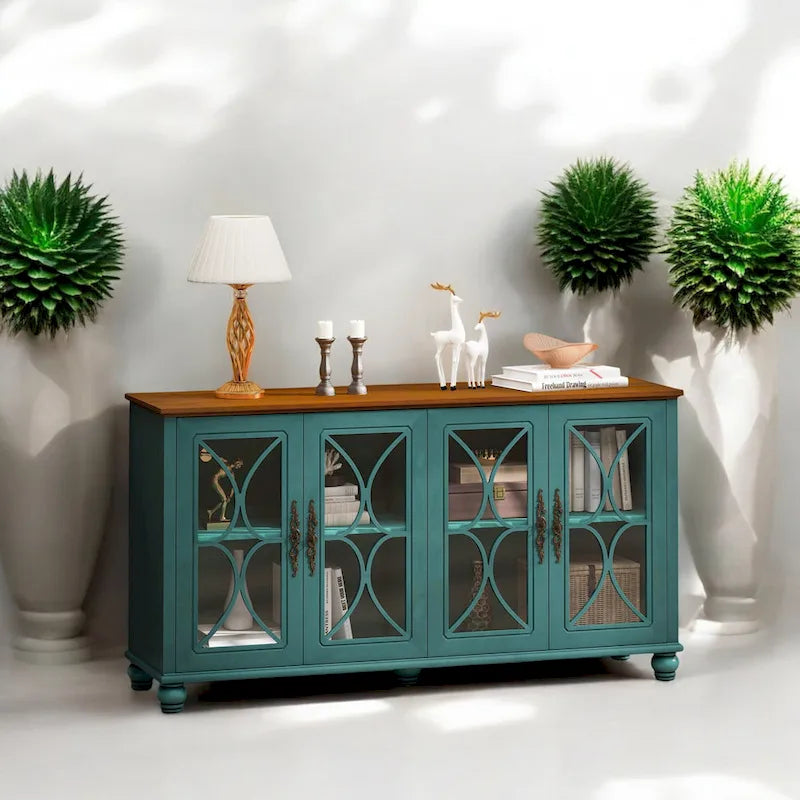 Glass Door Cabinet - 59.45"L x 15.75"W x 31.89"H, 4 Tempered Glass Doors, Adjustable Shelves, MDF/Wood, 220 lbs, Antique