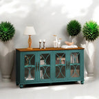 Glass Door Cabinet - 59.45"L x 15.75"W x 31.89"H, 4 Tempered Glass Doors, Adjustable Shelves, MDF/Wood, 220 lbs, Antique