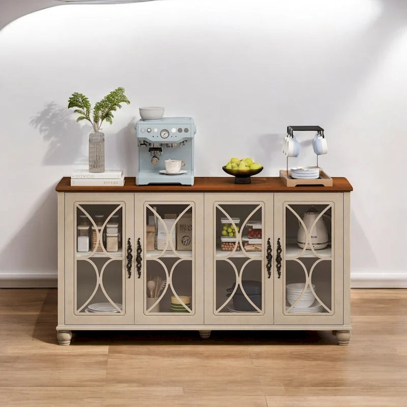 Glass Door Cabinet - 59.45"L x 15.75"W x 31.89"H, 4 Tempered Glass Doors, Adjustable Shelves, MDF/Wood, 220 lbs, Antique