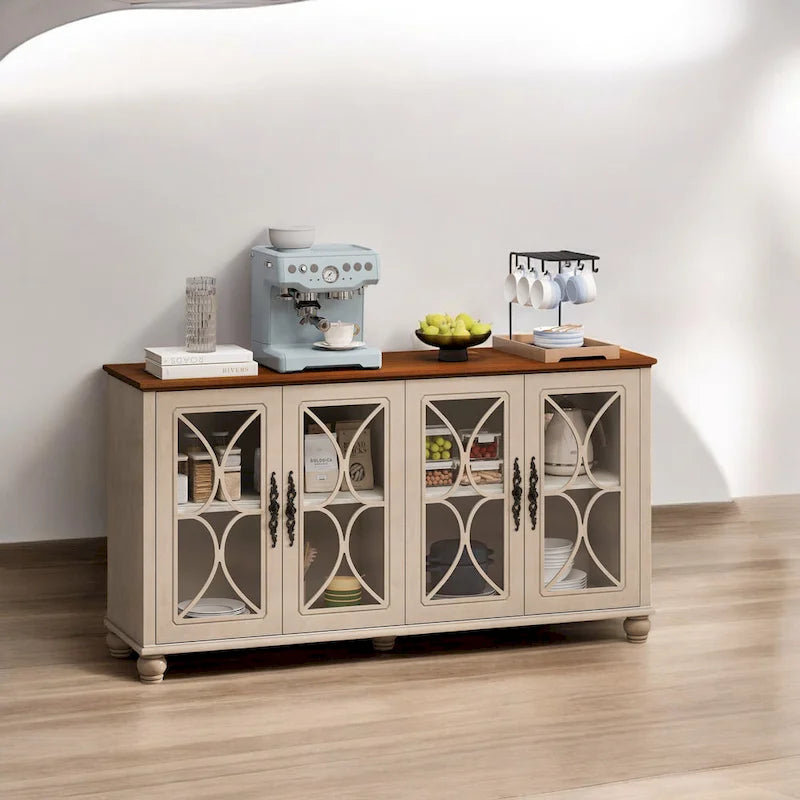 Glass Door Cabinet - 59.45"L x 15.75"W x 31.89"H, 4 Tempered Glass Doors, Adjustable Shelves, MDF/Wood, 220 lbs, Antique