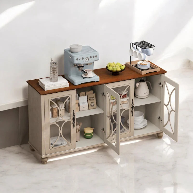 Glass Door Cabinet - 59.45"L x 15.75"W x 31.89"H, 4 Tempered Glass Doors, Adjustable Shelves, MDF/Wood, 220 lbs, Antique