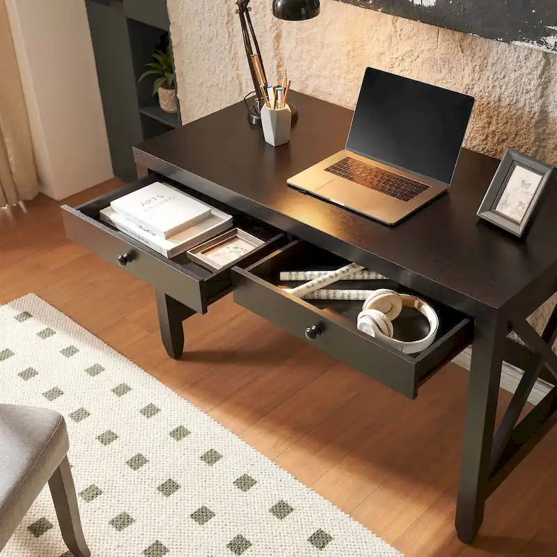 Home Office Desk with 2 Drawers - X-Brace Leg Frame, Smooth Glide Storage, Wooden Knob Handles, Espresso Finish